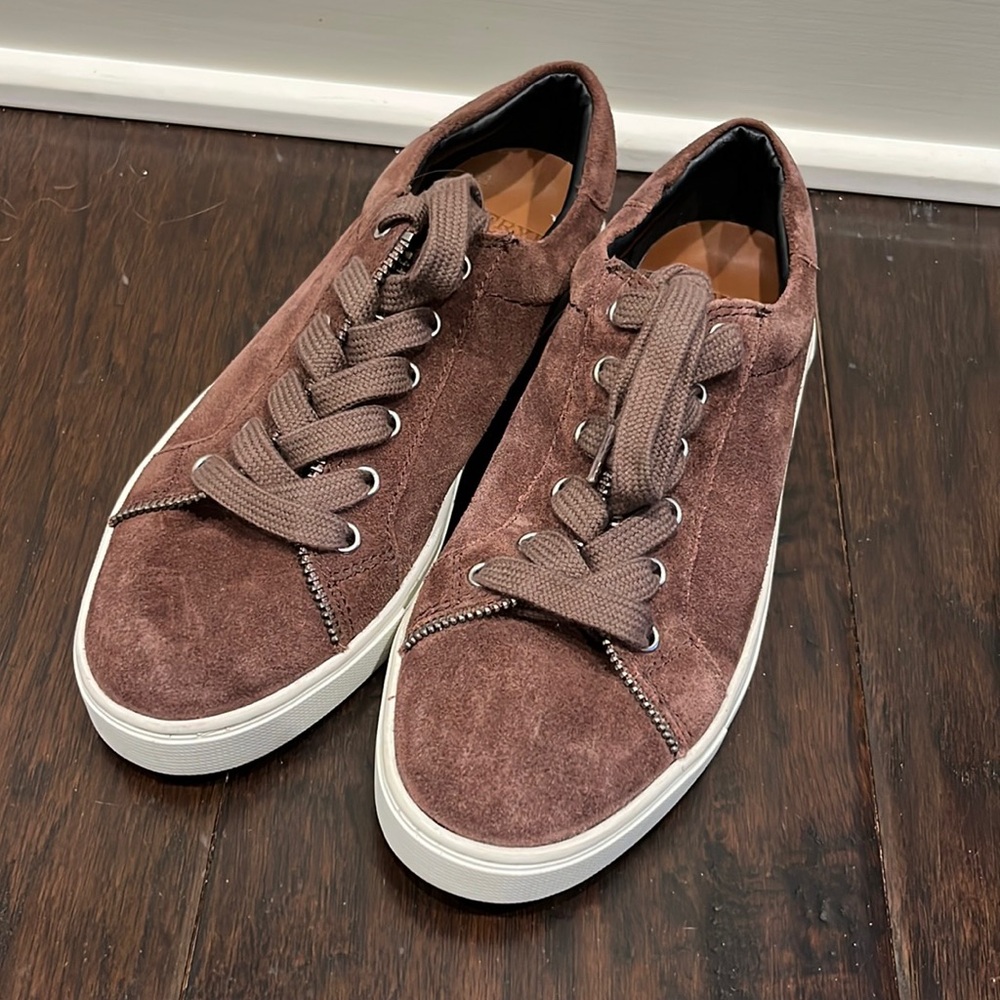 Worn once. Frye Cindy suede moto sneaker with zipper trim
